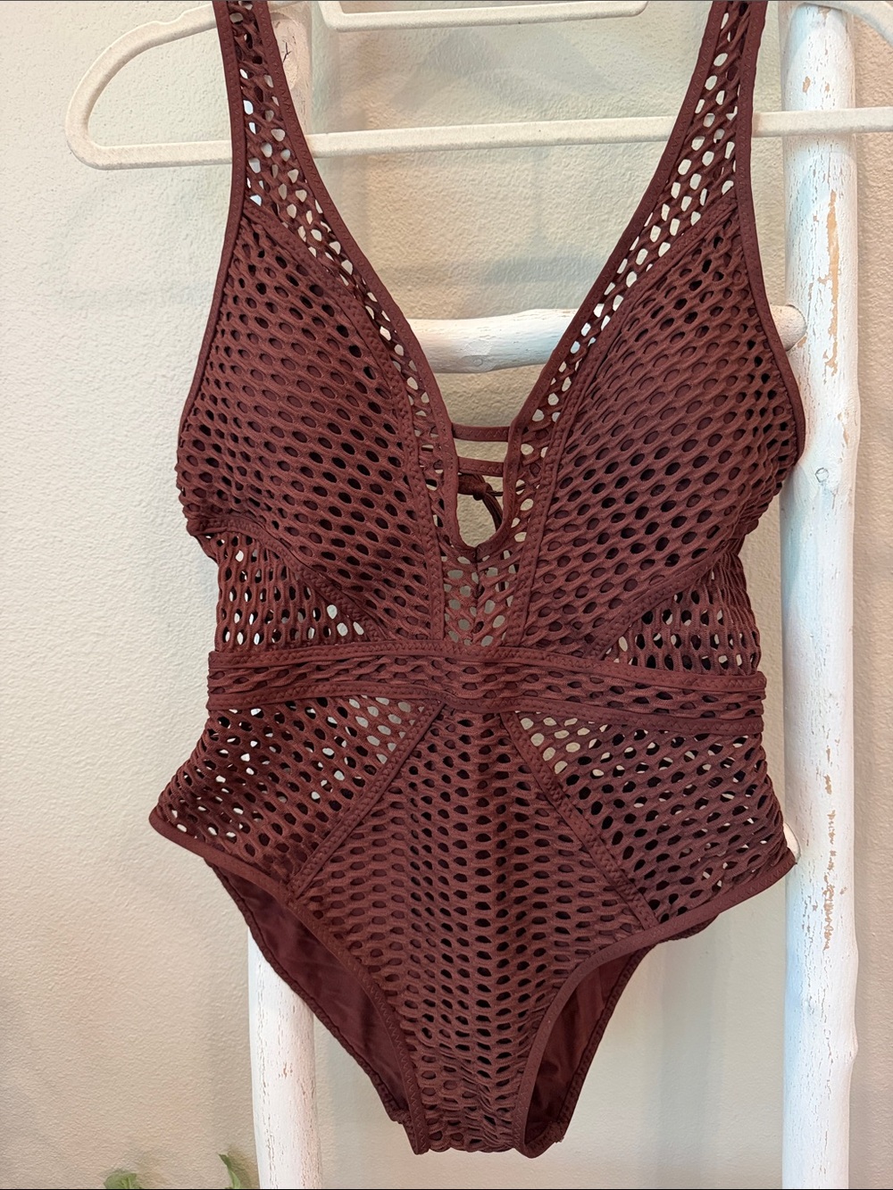 Brown Mesh One-Piece Swimsuit - Stylish Cutout Design- BECCA - NWOT